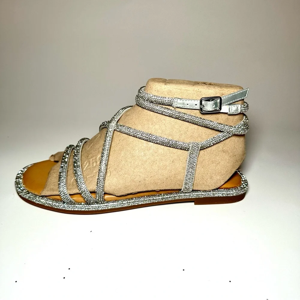 Gianni Bini Beige Suede Gladiator Sandals with Silver Glitter Straps